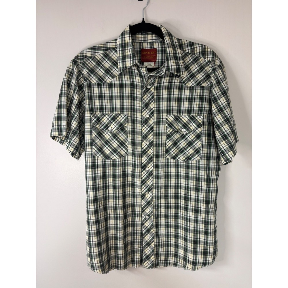 Rustler Mens‎ Short Sleeve Plaid Western Snap Button Shirt Green Cream M
